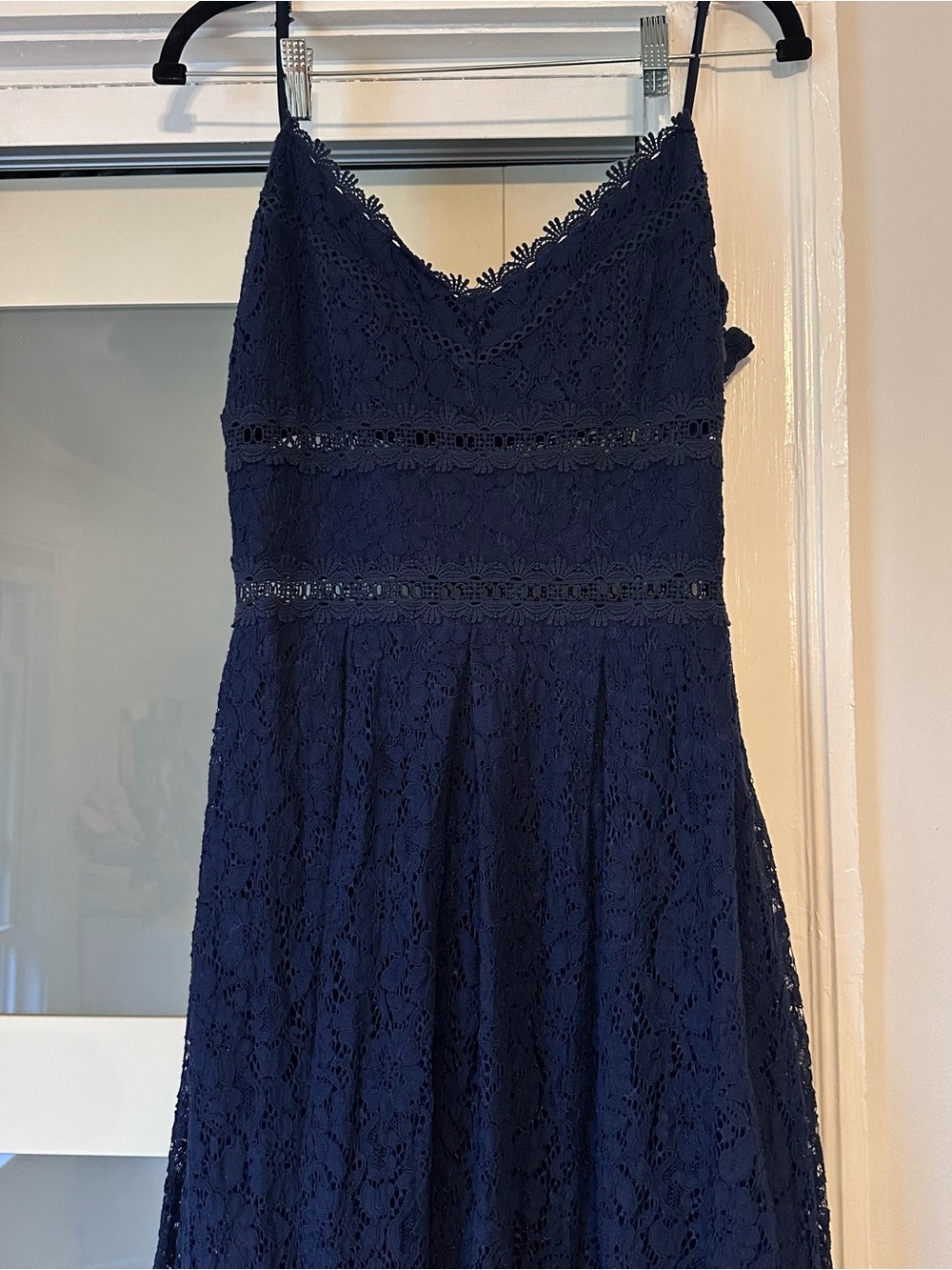 NSR Navy Lace Midi Dress with Spaghetti Straps